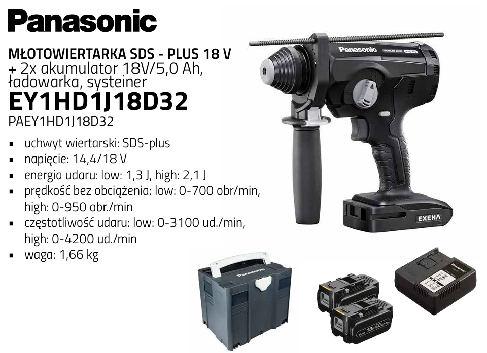 Panasonic PAEY1HD1J18D32 Młotowiertarka SDS 18V EY1HD1 J18D32 + ładowarka + 2x aku 18V/5Ah + systainer