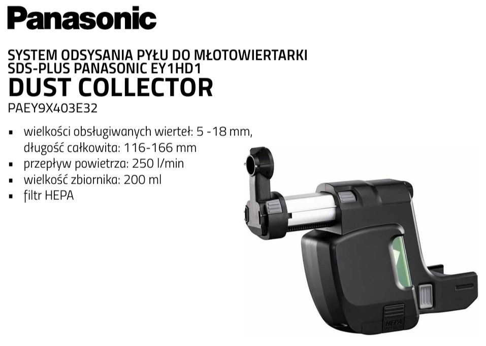 Panasonic PAEY9X403E32 System odsysania pyłu do młotowiertarki EY1HD1 DUST COLLECTOR