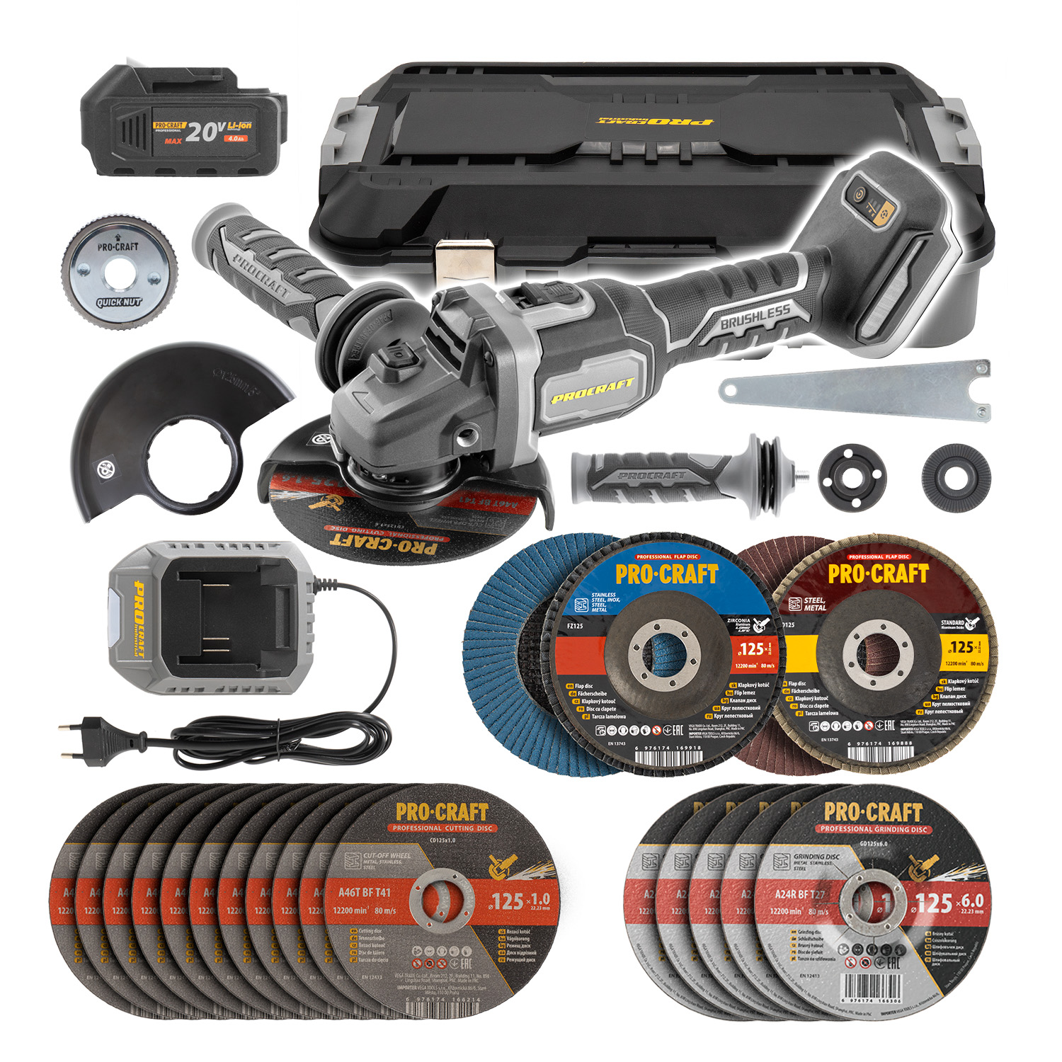 Procraft Zestaw akumulatorowa szlifierka kątowa AG125B + 19 tarcz SAG125B-CD