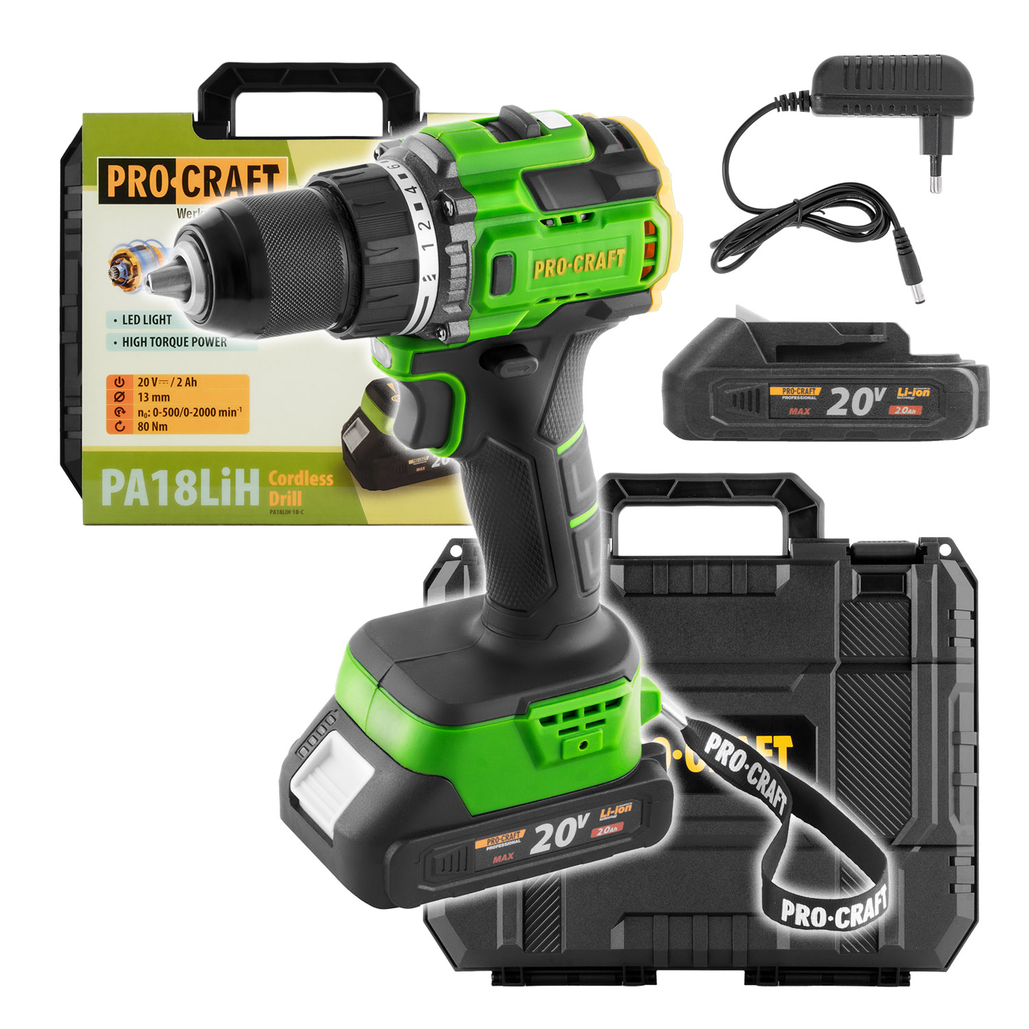 Procraft Wiertarko-wkrętarka akumulatorowa 20V 80Nm PA18LiH-1B-C
