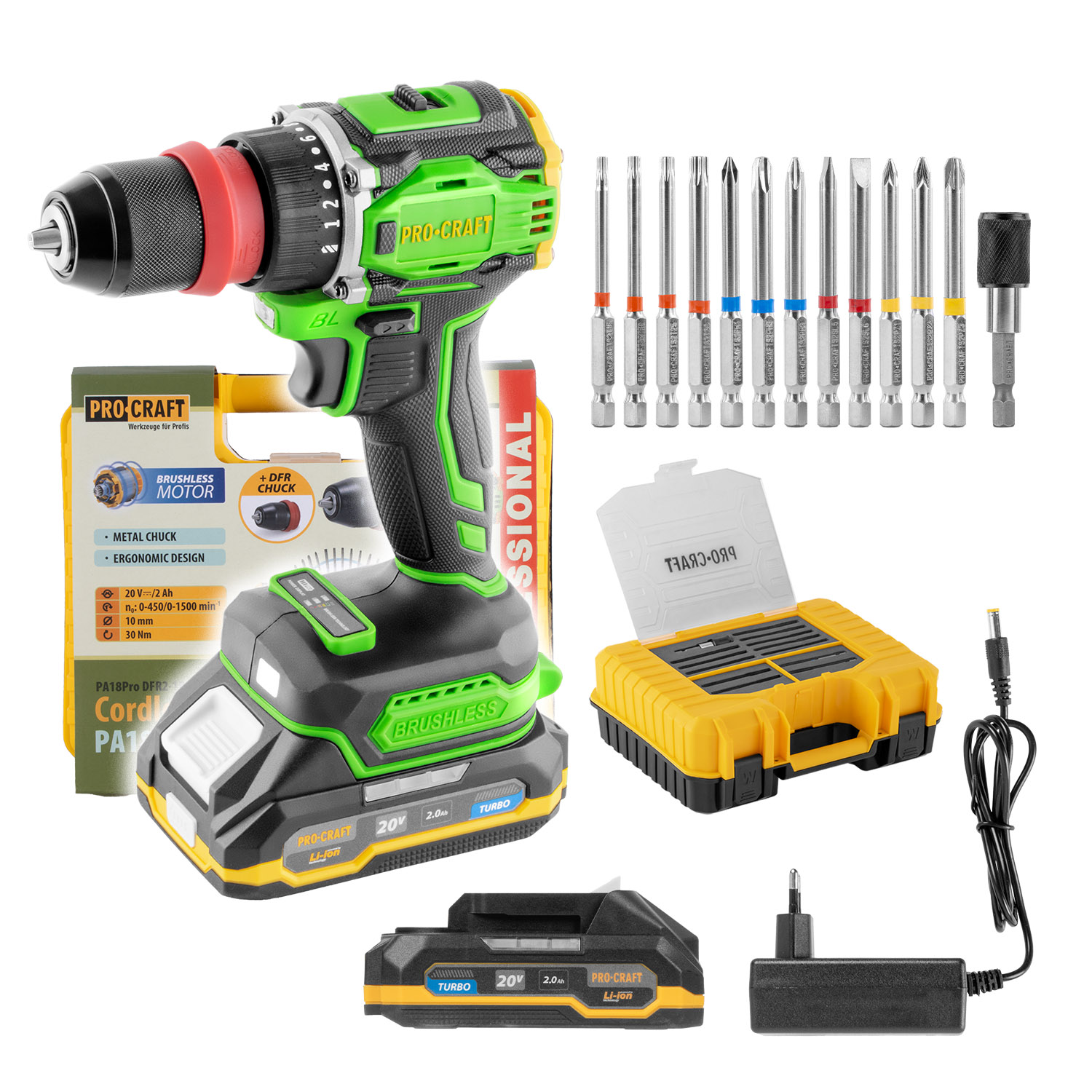 Procraft Wiertarko-wkrętarka akumulatorowa 20V 30Ah PA18ProDFR2- 1B-C + zestaw bitów